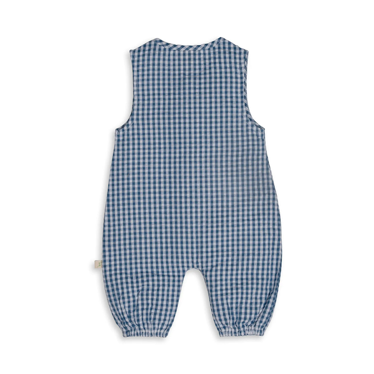 Back view of Tiny Twig Playsuit in blue gingham