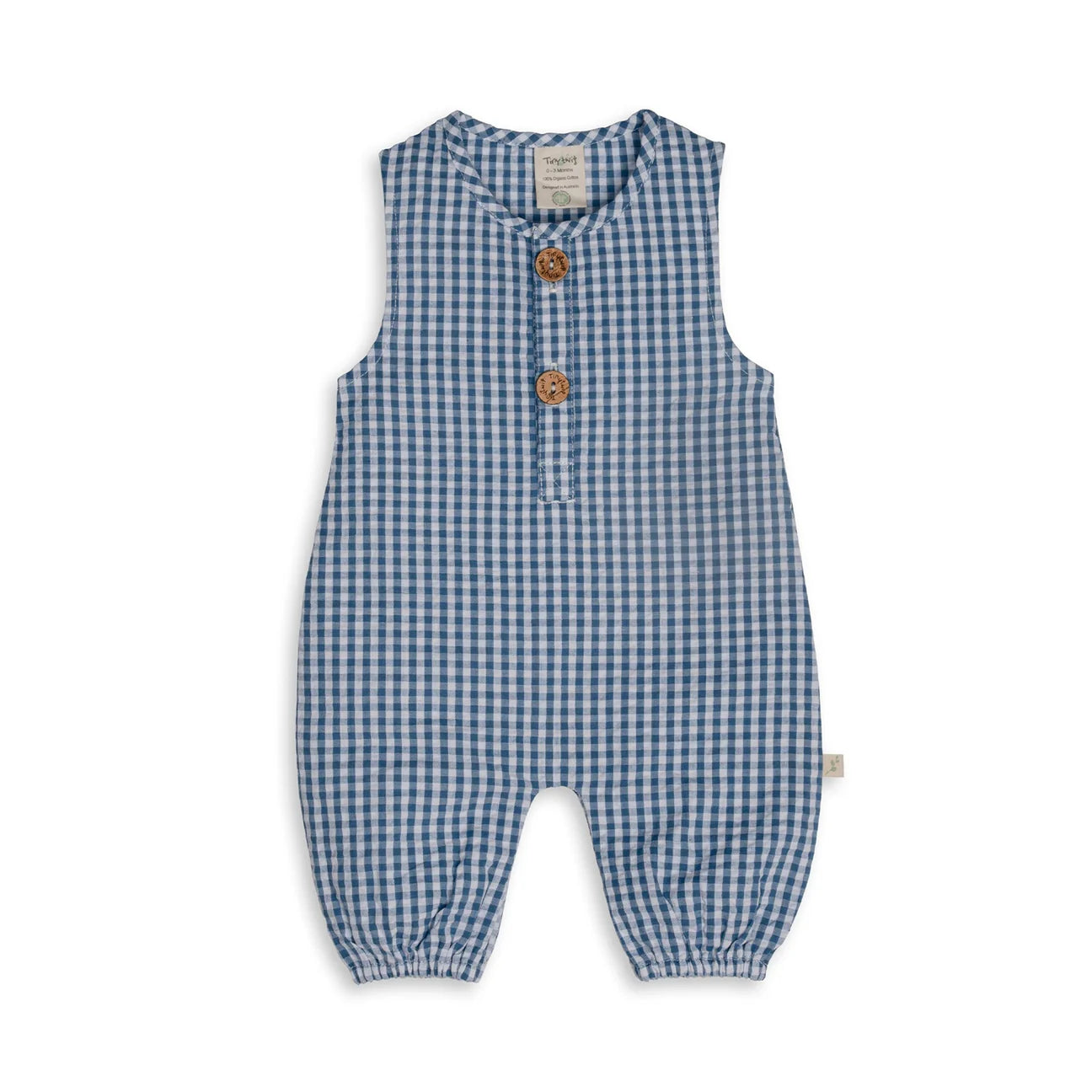 Front view of Tiny Twig playsuit blue gingham 